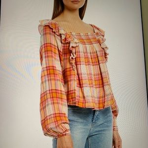 Free people Siena orange plaid pullover boho top